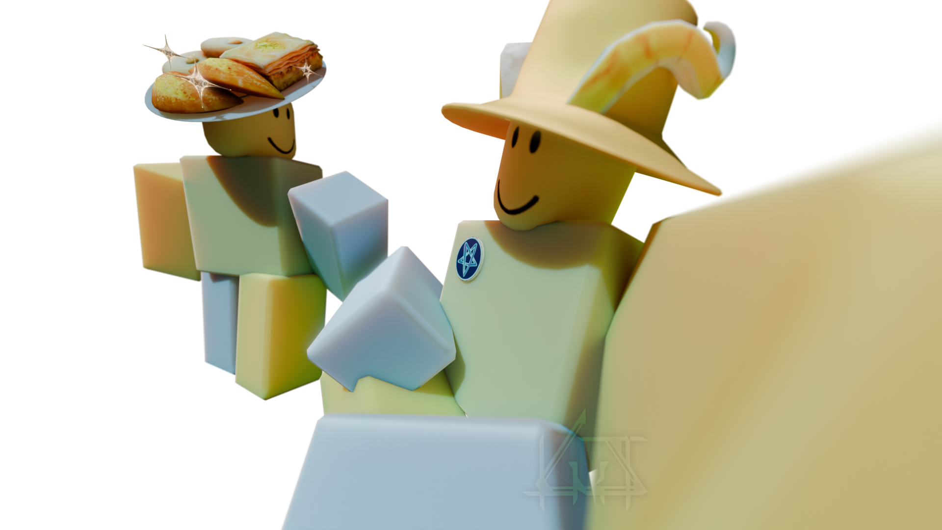 Render of 2 versions of yellow Robloxian